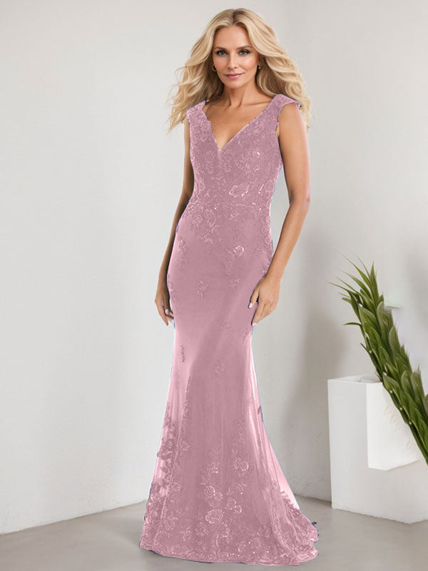 A-line V-Neck Floor-Length Lace Chiffon Mother of the Bride Dress With Applique Sequins Mermaid Dresses - View 15 | FashionDia