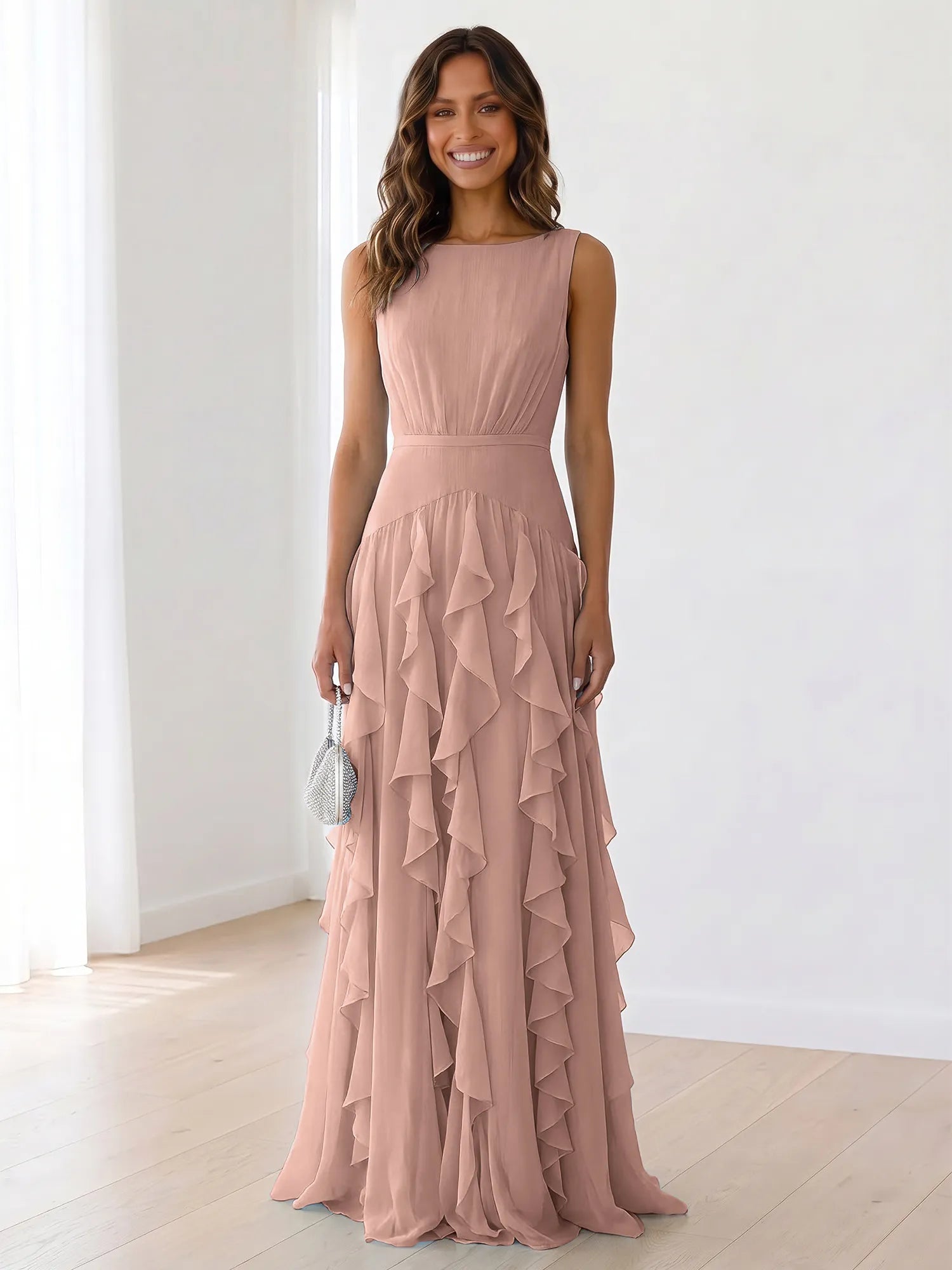 Sleeveless Tiered Chiffon Maxi Evening Gown with Ruched Bodice