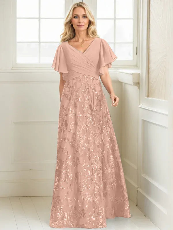 A-line V-Neck Floor-Length Lace Sequin Chiffon Mother of the Bride Dress With Pleated - View 12 | FashionDia