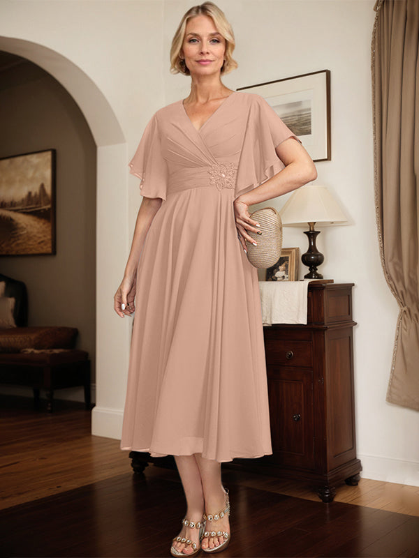 A-line V-Neck Tea-Length Chiffon Mother of the Bride Dress With Pleated Beading - View 15 | FashionDia