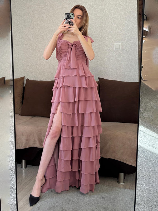 Dusty Rose A-Line Sweetheart Chiffon Tiered Long Prom Dress with Slit - FashionDia