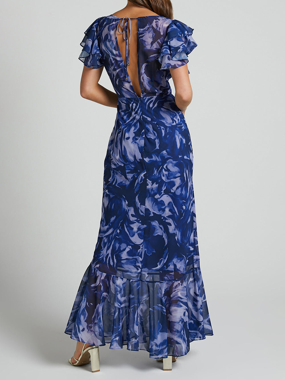 Blue Swirl V Neck Flutter Sleeve Maxi Dress