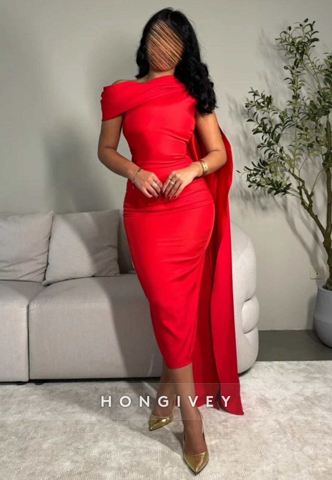 Satin Sheath Watteau TrainKnee-Length One Shoulder Knee-Length Pleated Evening Gown