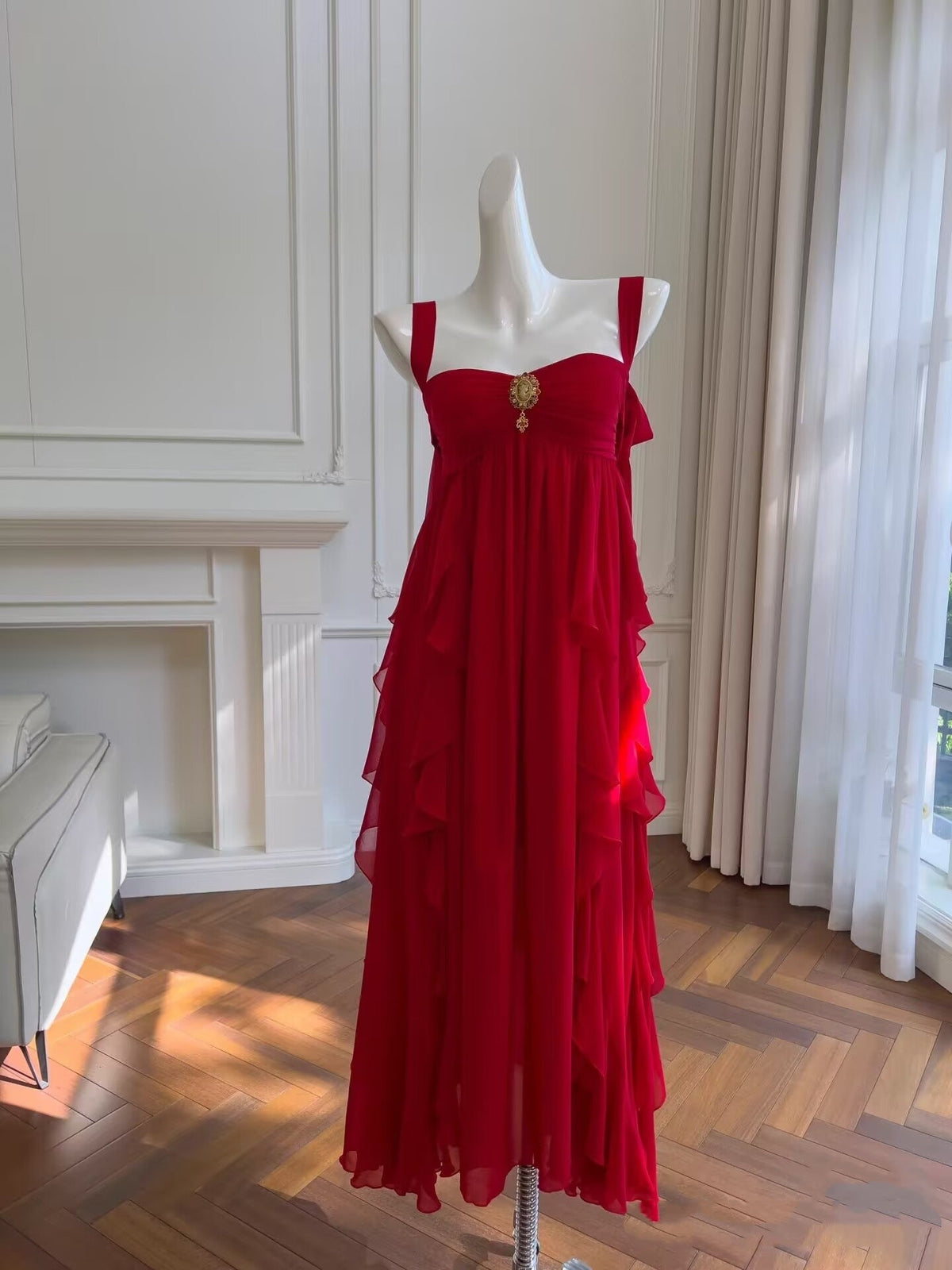 A Line Red Ruffle Long Prom Dress Chiffon Formal Party Dress J8050