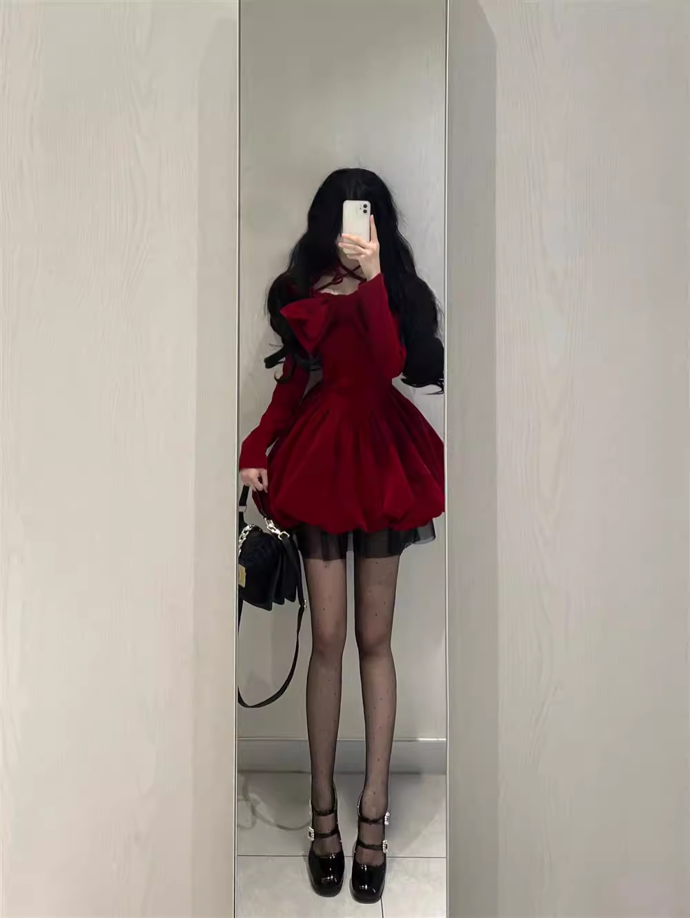 Cute Ball Gown Long Sleeves Velvet Red Short Cocktail Dresses Birthday Outfits - View 6 | FashionDia
