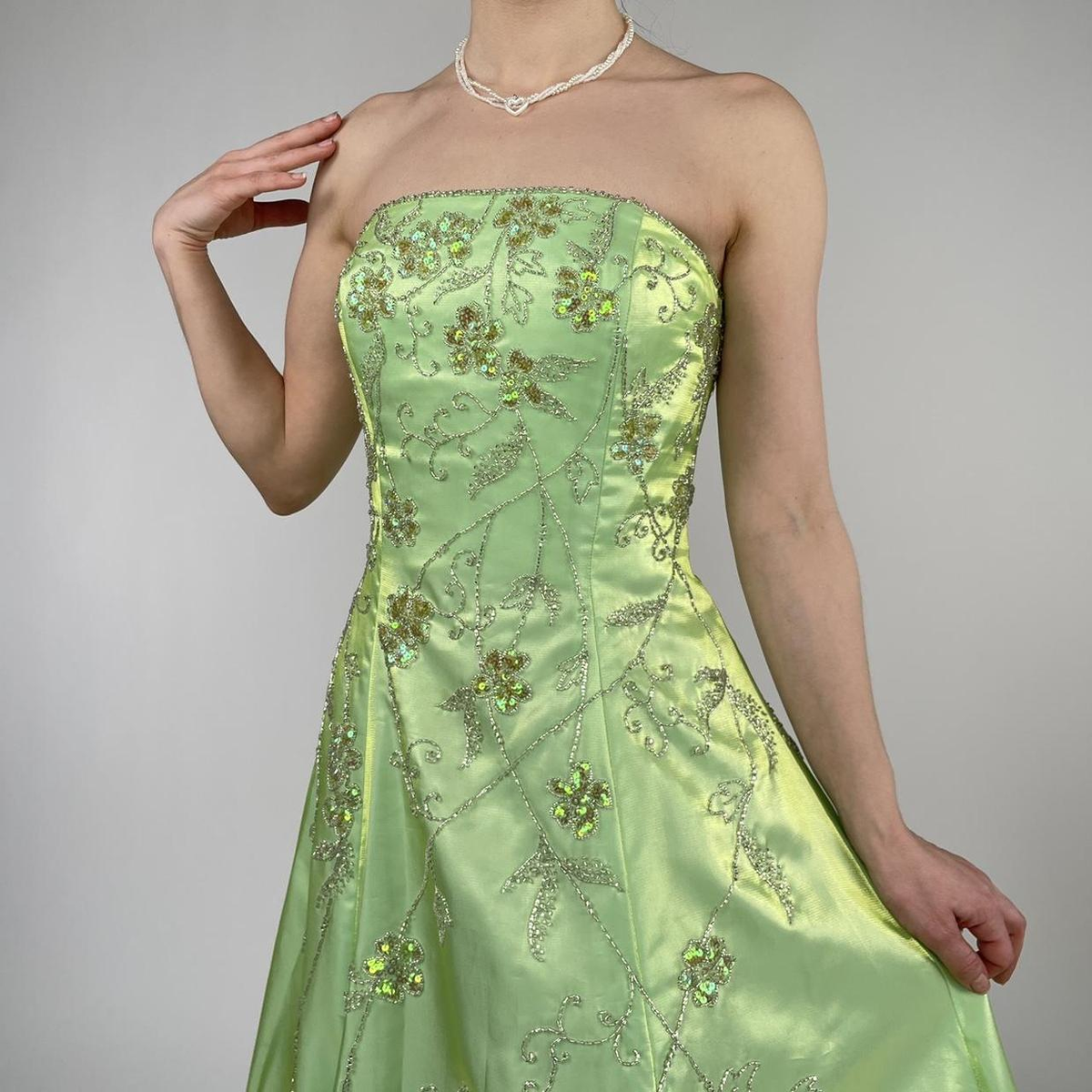 Strapless Green Satin Beaded A Line Prom Dress Evening Dress Y8412 - View 3 | VelvetHem