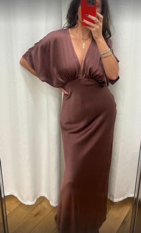 Simple Deep V Neck Brown Satin Party Evening Dress,Formal Prom Dress