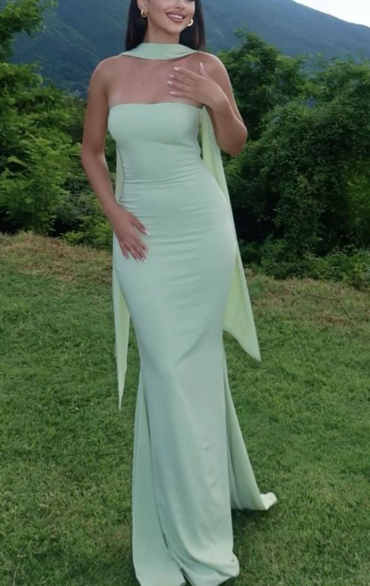 Unique Sage Green Satin Mermaid Evening Dress Sexy Prom Dress - View 2 | FashionDia