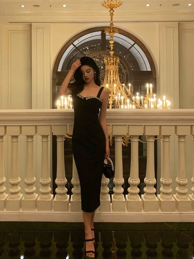Chic Sheath Straps Black Satin Prom Dresses With Beads Birthday Dress