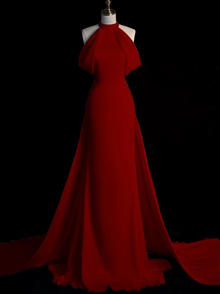 Sexy Sheath Halter Red Satin Long Prom & Evening Dress Formal Dress - View 7 | FashionDia
