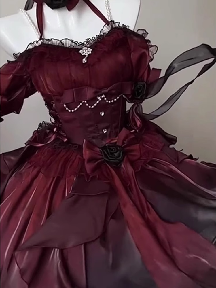 Chic High-Low Halter Burgundy Organza Party Dresses Birthday Outfits - View 5 | FashionDia