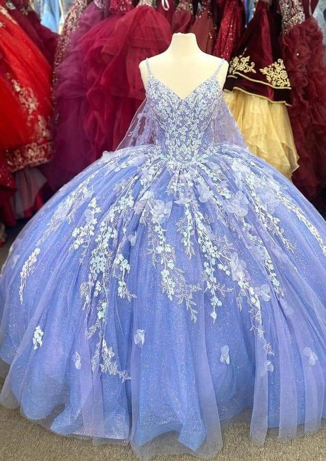 Purple Spaghetti Straps V Neck Ball Gown with Appliques,Sweet 16 Dress,Quinceanera Dress,Y2456 - View 2 | VelvetHem