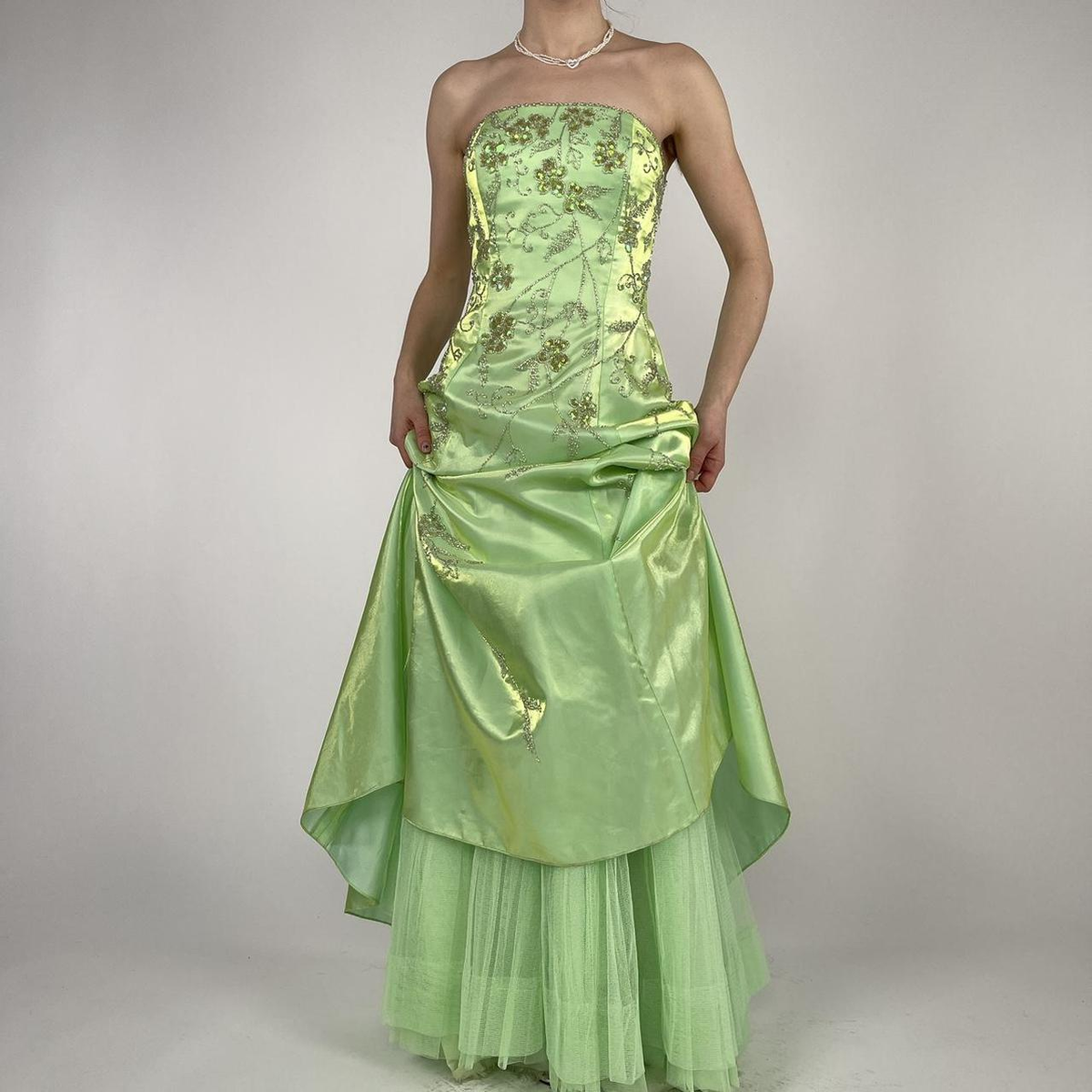 Strapless Green Satin Beaded A Line Prom Dress Evening Dress Y8412 - View 4 | VelvetHem