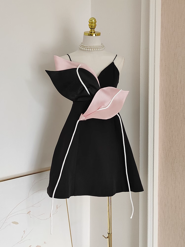 Cute A line Spaghetti Straps Black Satin Short Homecoming Dresses Birthday Outfits
