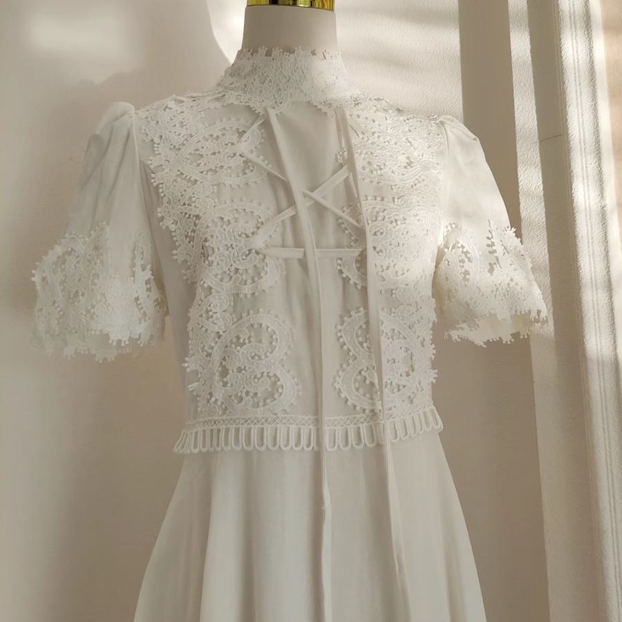 Cute A-Line High Neckline Short Sleeves Lace White Party Dress Chiffon Holiday Dresses - View 5 | FashionDia