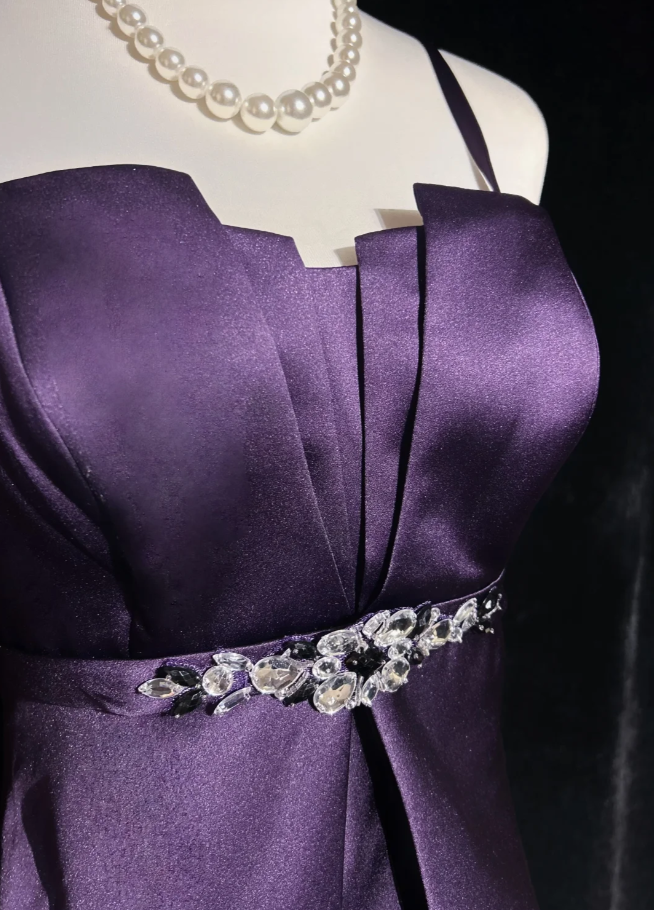 Fashion Spaghetti Straps Purple Satin Beaded A-Line Short Birthday Outfits Homecoming Dress - View 3 | FashionDia