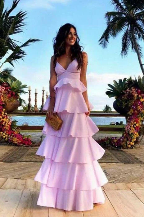 Long Pink V Neck Floor Length Prom Dress