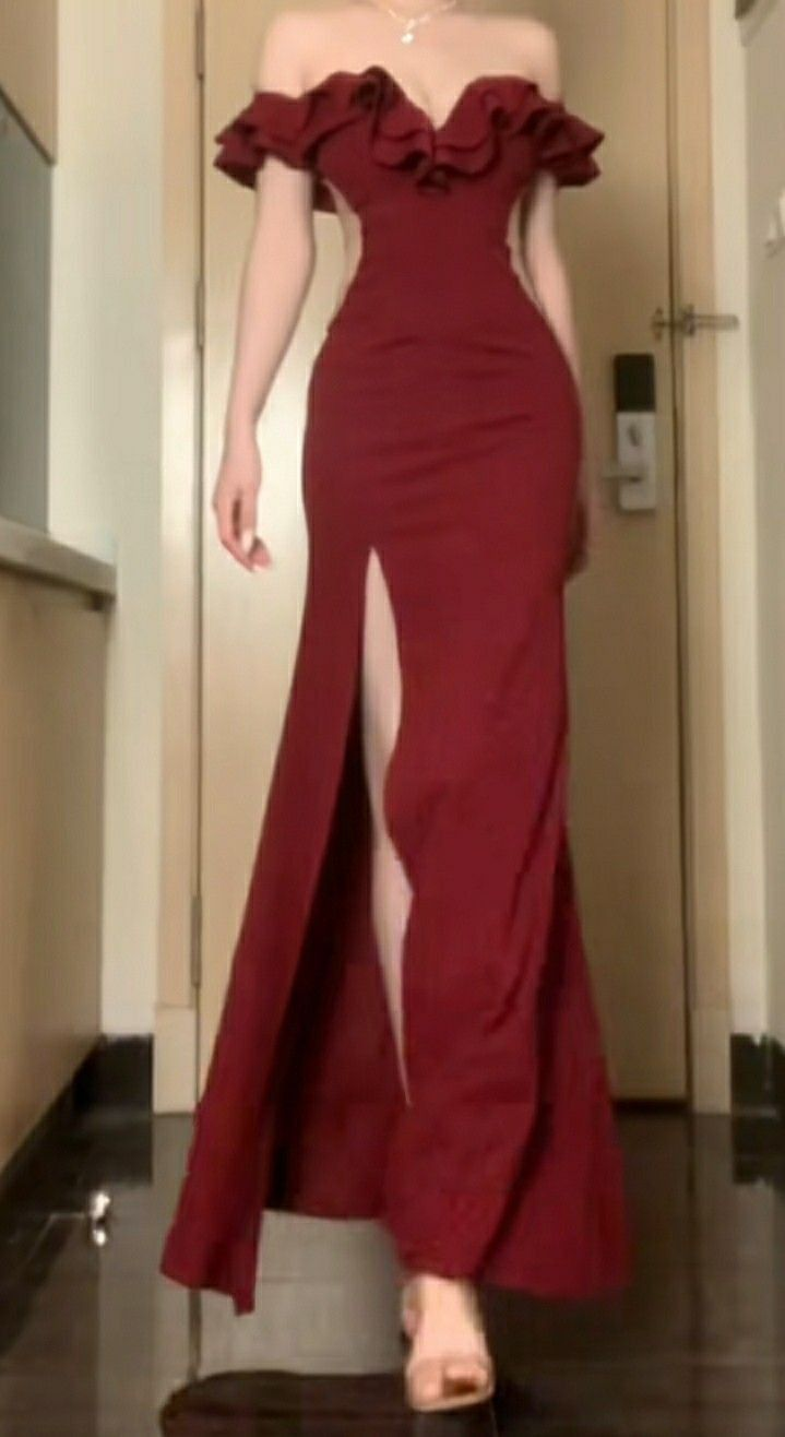 Stylish Burgundy Off-the-Shoulder Satin Slit Mermaid Evening Dress Long Wedding Guest Dress - FashionDia