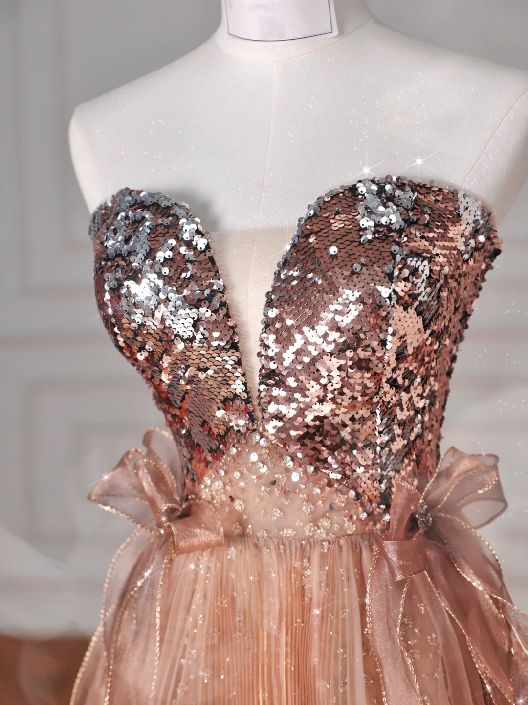 Vintage Rose Gold Strapless Tulle Sequins Beaded A Line Prom Dress Evening Dress Y8622 - View 2 | VelvetHem