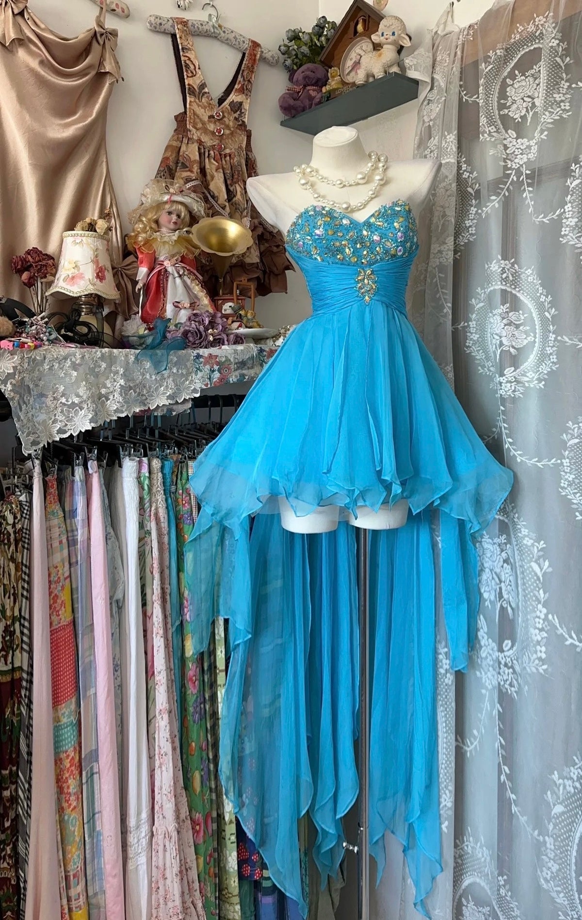 Sweetheart Blue A-Line High-Low Prom Dress Beaded Evening Dress