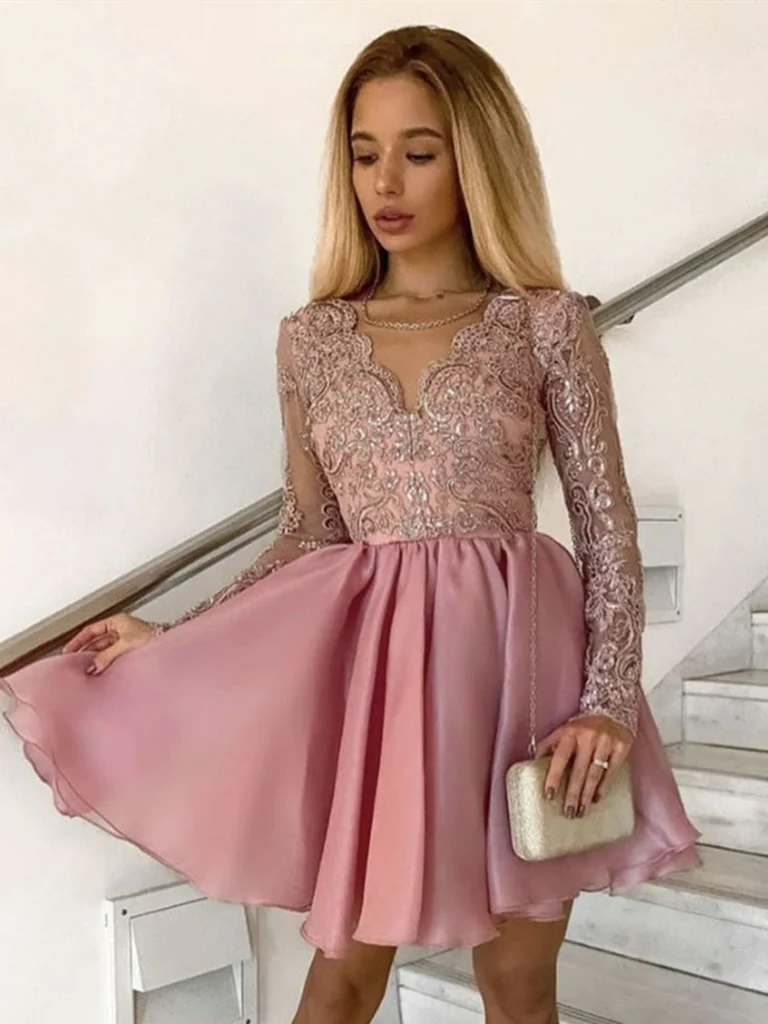 V Neck Short Pink Lace Homecoming Dresses, Short Pink Lace Formal Graduation Dresses - VelvetHem
