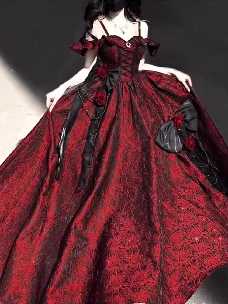 Vintage Ball Gown Straps Long Burgundy Ruffles Lace Prom Dresses Birthday Outfits - View 2 | FashionDia