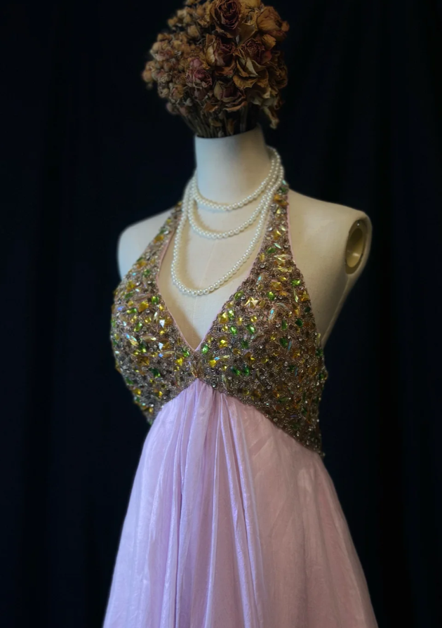 Gorgeous Halter Pink Chiffon Beaded Cocktail Dress Formal Homecoming Dress - FashionDia