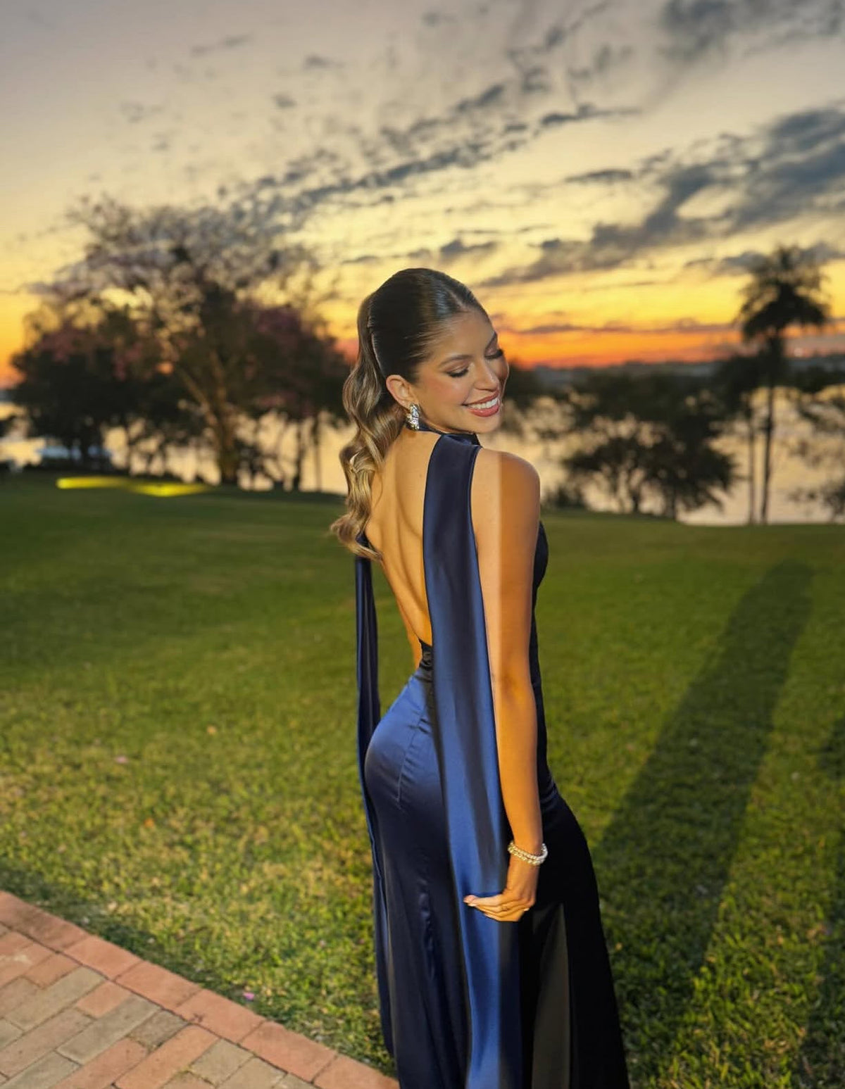 Navy Blue Mermaid Satin Prom Dress Formal Wedding Guest Dress