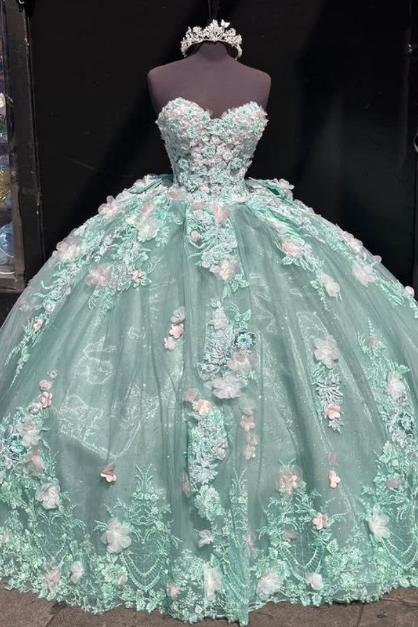 Luxury Light Green Ball Gown Sweetheart Neck Tulle Appliques Birthday Quinceanera Dress - View 3 | FashionDia