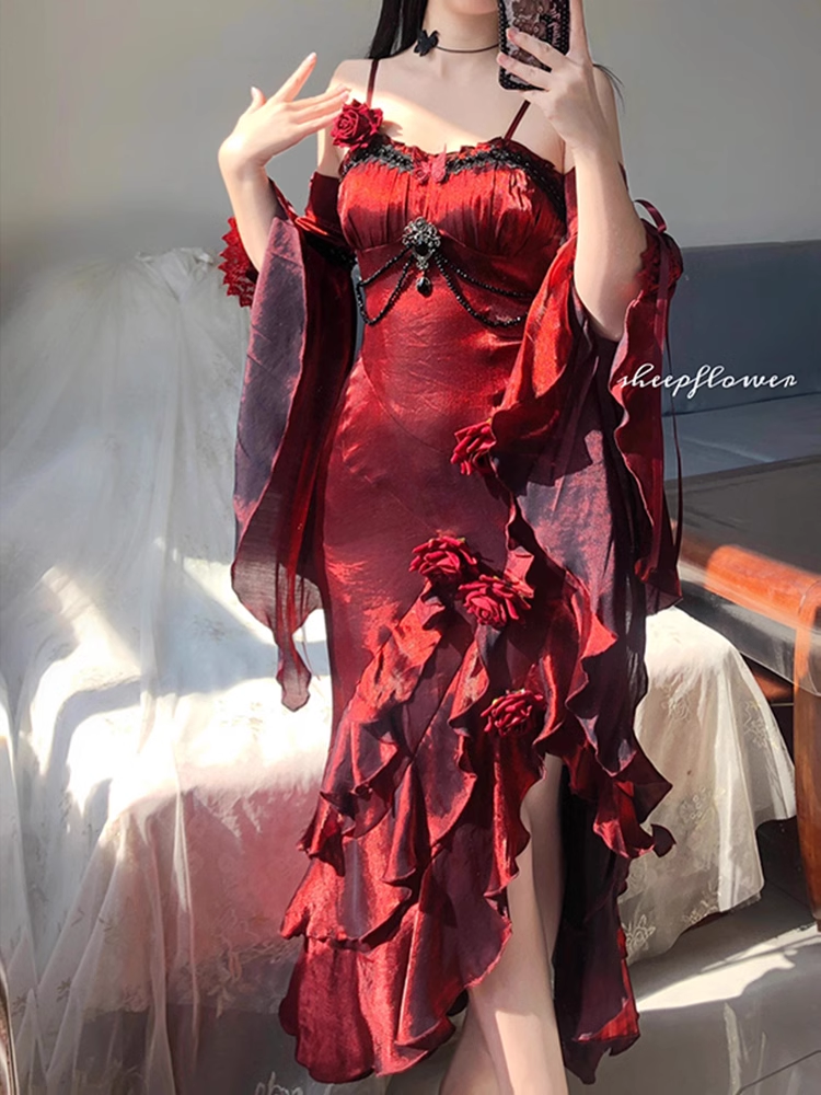 Vintage High Low Spaghetti Straps Floor Length Burgundy Flowers Prom Dresses Birthday Dress