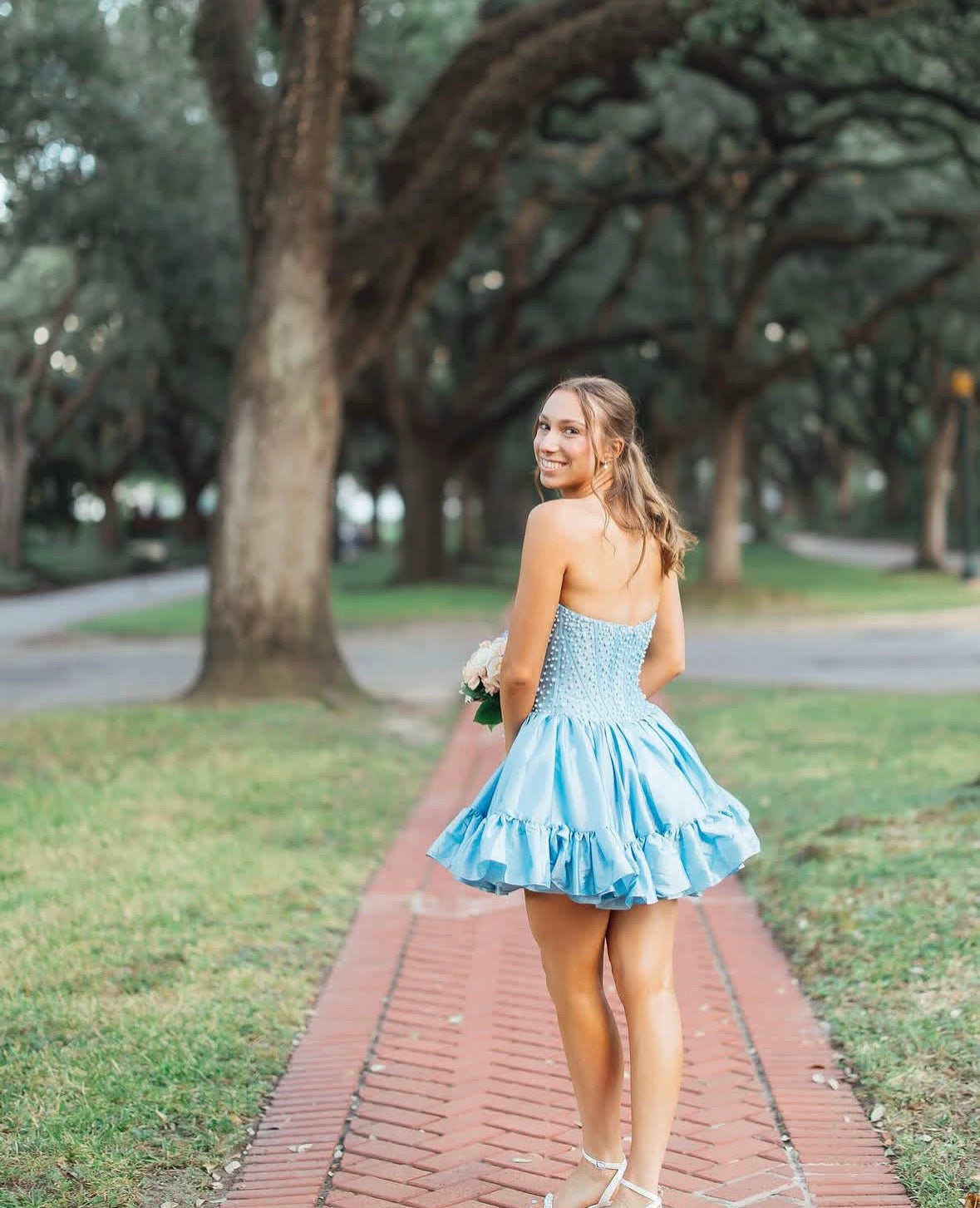 Strapless Blue Satin Homecoming Dress Pearl Beaded Short Dress J10638