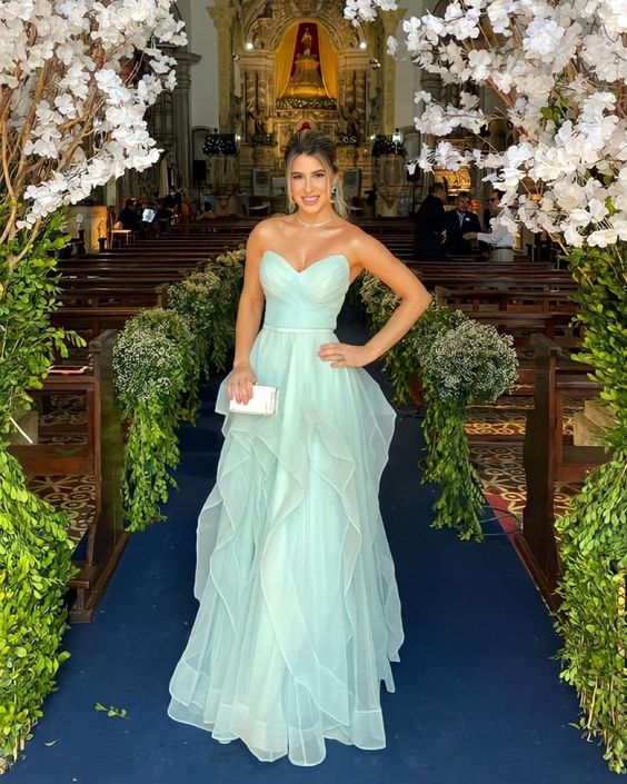 Simple A-line Tulle Strapless Long Evening Prom Dresses, Custom Prom Dress