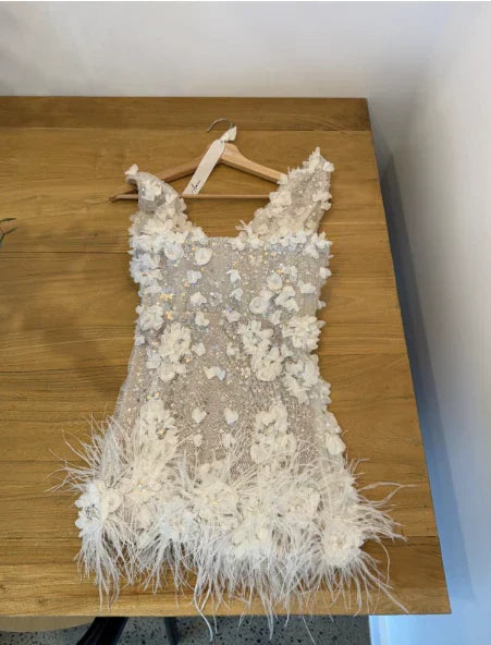 Elegant White Deep V Neck Sequined Floral Feather Fitted Birthday Dress Homecoming Dress