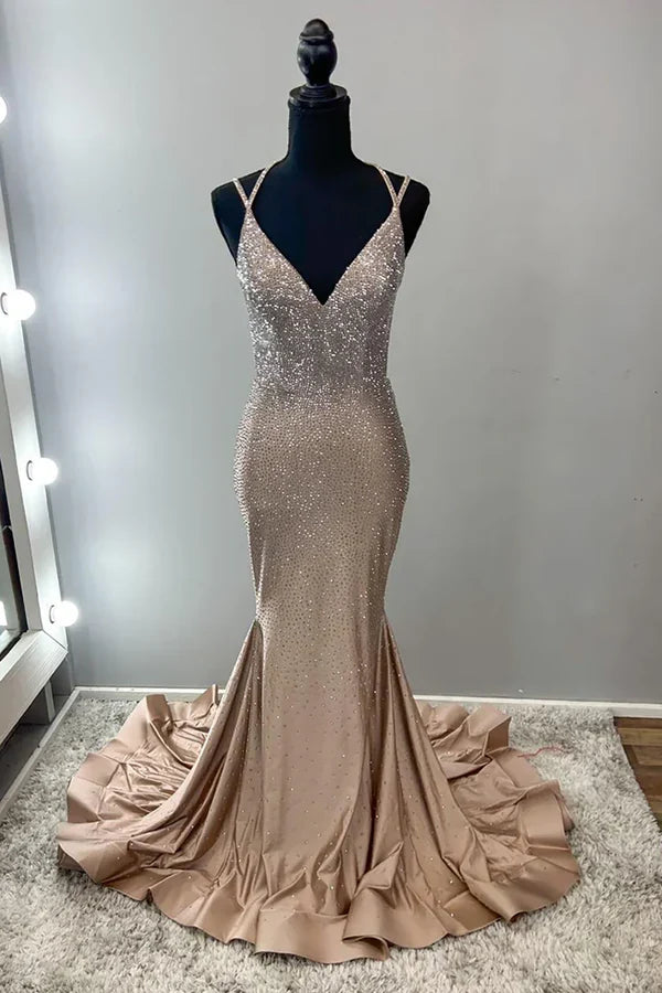 Sparkling Champagne Gold Mermaid V-Neck Halter Top With Rhinestone Satin Train Prom & Evening Dress - View 8 | FashionDia