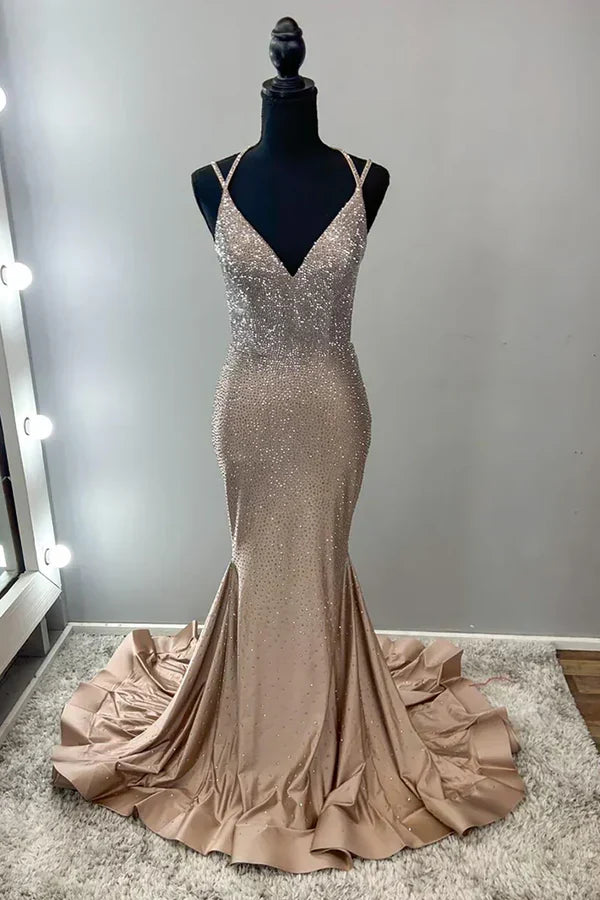 Sparkling Champagne Gold Mermaid V-neck Halter Top With Rhinestone Satin Train Prom Dress Evening Dress