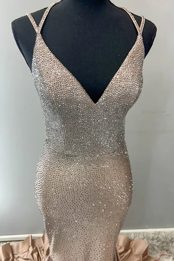 Sparkling Champagne Gold Mermaid V-Neck Halter Top With Rhinestone Satin Train Prom & Evening Dress - View 9 | FashionDia