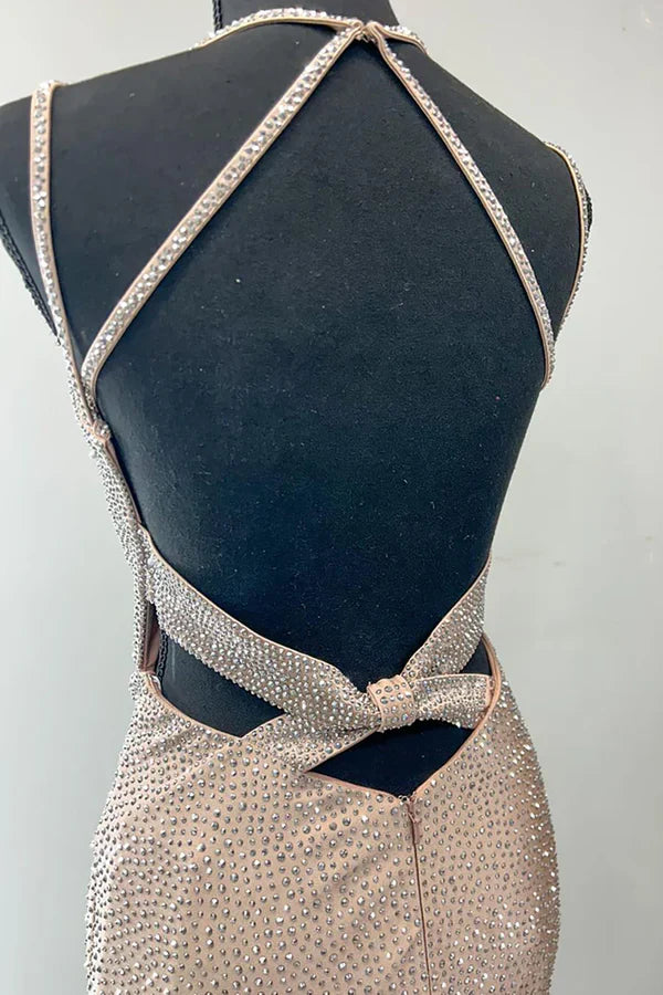 Sparkling Champagne Gold Mermaid V-Neck Halter Top With Rhinestone Satin Train Prom & Evening Dress - View 10 | FashionDia