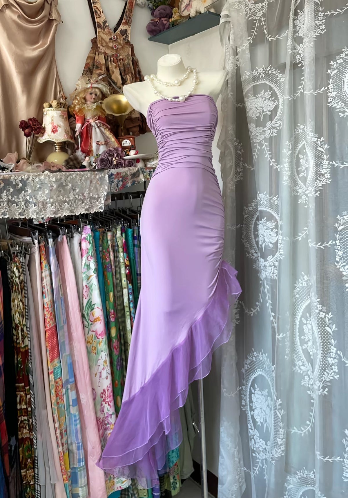 Strapless Purple Ruffle Prom Dress Evening Party Dress J8526