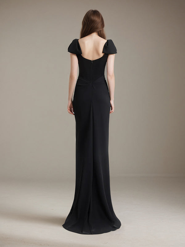 Black Stretch Crepe Square Neck Floor-Length Dress with Bow Sleeves - View 2 | FashionDia