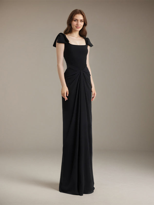 Black Stretch Crepe Square Neck Floor-Length Dress with Bow Sleeves - FashionDia