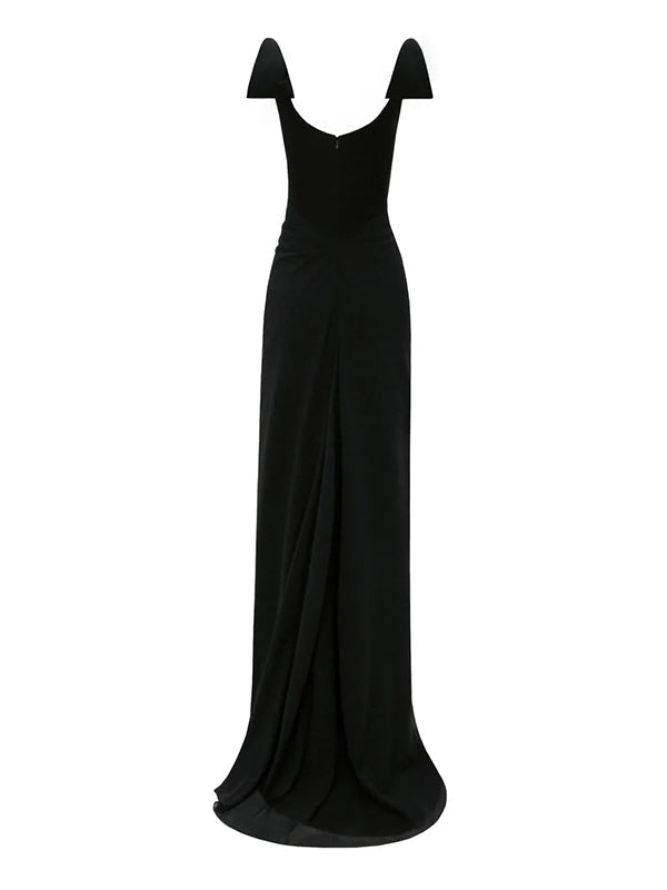 Black Stretch Crepe Square Neck Floor-Length Dress with Bow Sleeves - View 7 | FashionDia