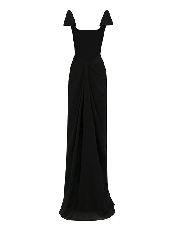 Black Stretch Crepe Square Neck Floor-Length Dress with Bow Sleeves - View 6 | FashionDia