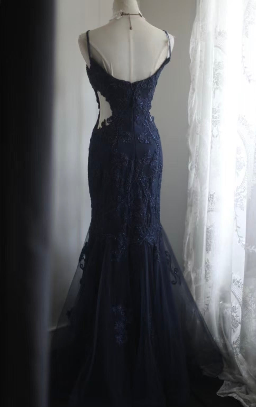 Navy Blue Mermaid Applique Long Prom Dress Formal Evening Party Dress