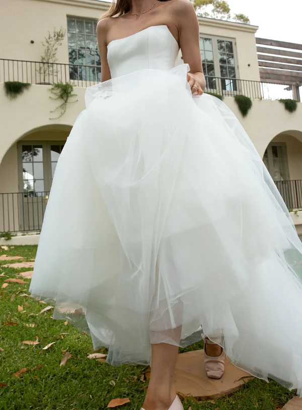 Charming Strapless Satin Tulle A Line Wedding Dress,White Prom Evening Dress