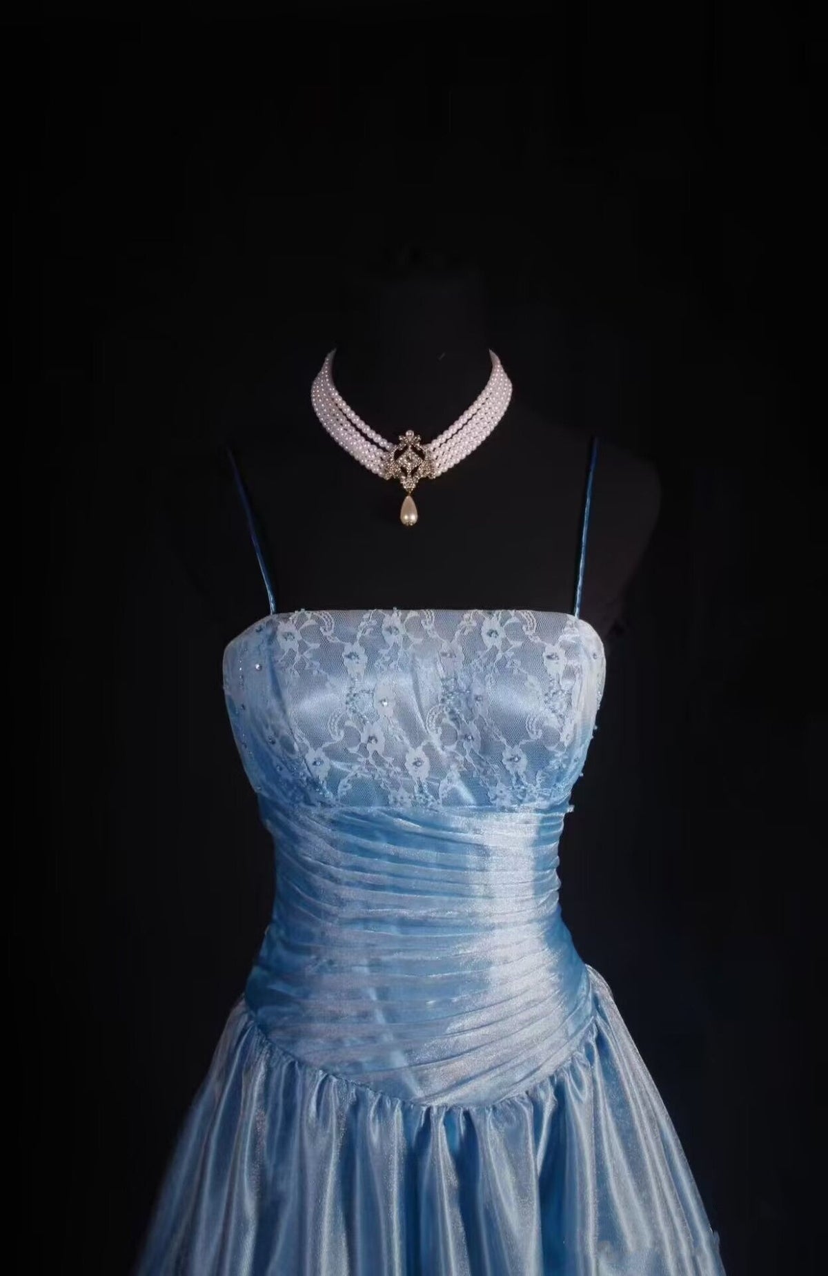 Spaghetti Straps A Line Blue Long Prom Dress Lace Evening Dress J8049