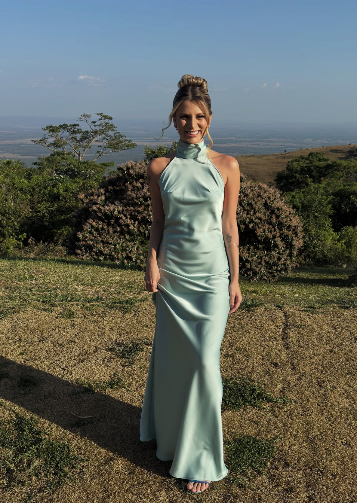 Halter Backless Long Party Dress Satin Wedding Guest Dress J8834