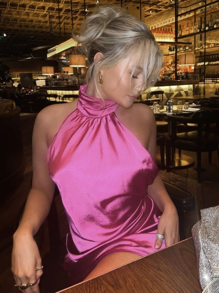 Sexy Halter Hot Pink Satin Sheath Birthday Dress Formal Short Homecoming Dress - View 2 | FashionDia
