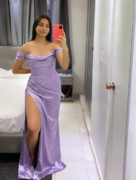 Classy Off-the-Shoulder Party Dress,Lilac Mermaid Slit Prom & Evening Dress - FashionDia