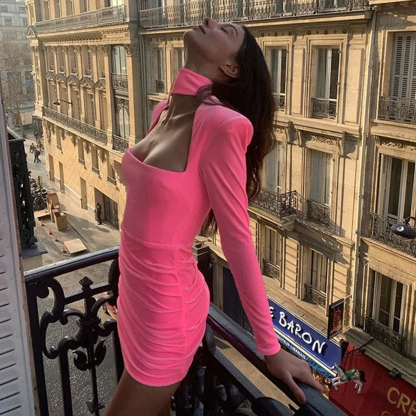 Velvet High Neck Shoulder Pads Mini Dress Party Dress - FashionDia