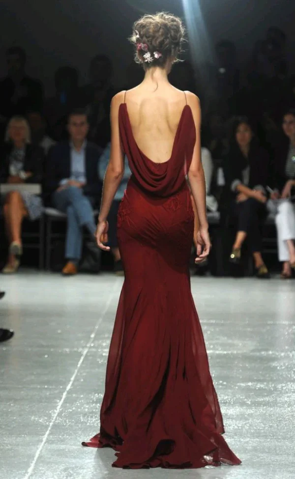 Vintage Burgundy Mermaid Evening Dress Long Prom Dress - View 2 | FashionDia